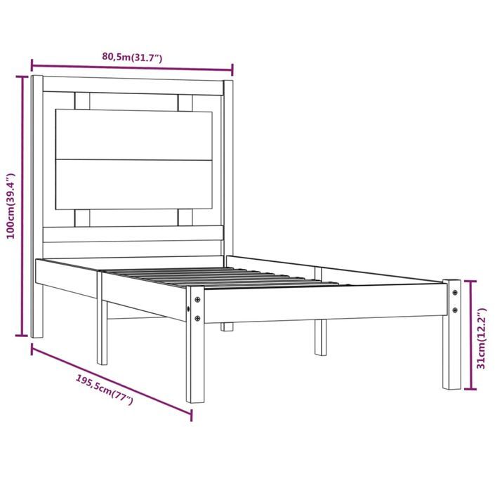 Cadre de lit bois massif 75x190 cm petit simple - Photo n°6