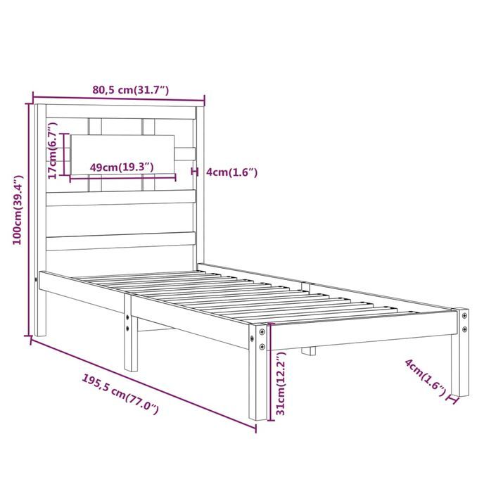 Cadre de lit bois massif 75x190 cm petit simple - Photo n°8