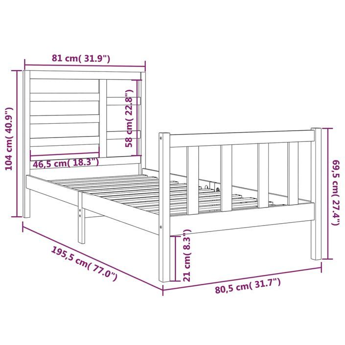 Cadre de lit bois massif 75x190 cm petit simple - Photo n°6