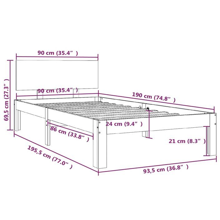 Cadre de lit bois massif 90x190 cm simple - Photo n°8