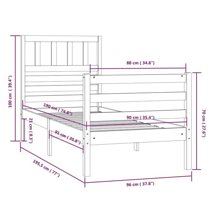 Cadre de lit bois massif 90x190 cm simple - Photo n°9