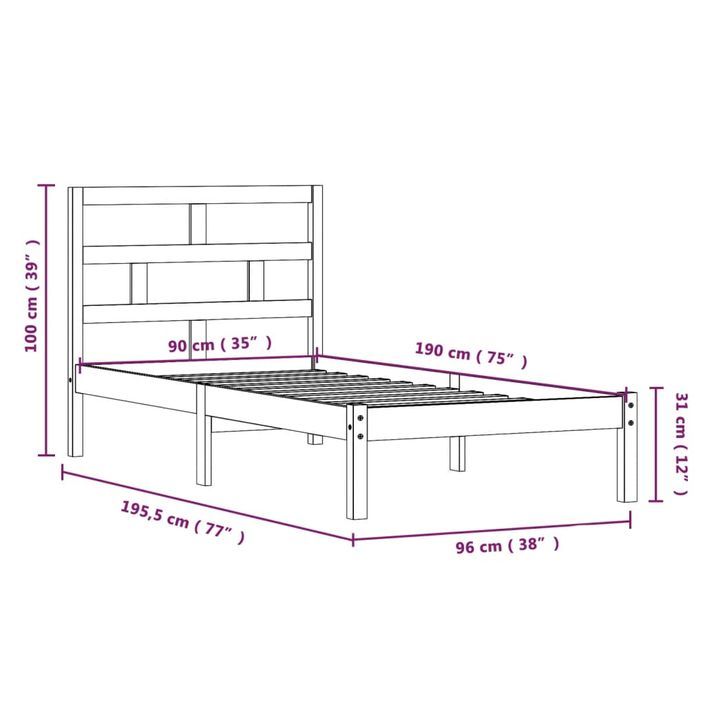 Cadre de lit Bois massif 90x190 cm Simple - Photo n°8