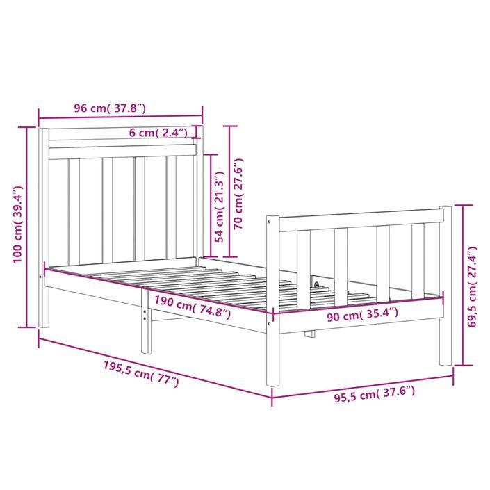 Cadre de lit bois massif 90x190 cm simple - Photo n°6