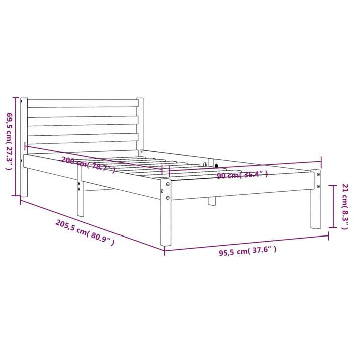 Cadre de lit marron 90x200 cm bois de pin massif - Photo n°9