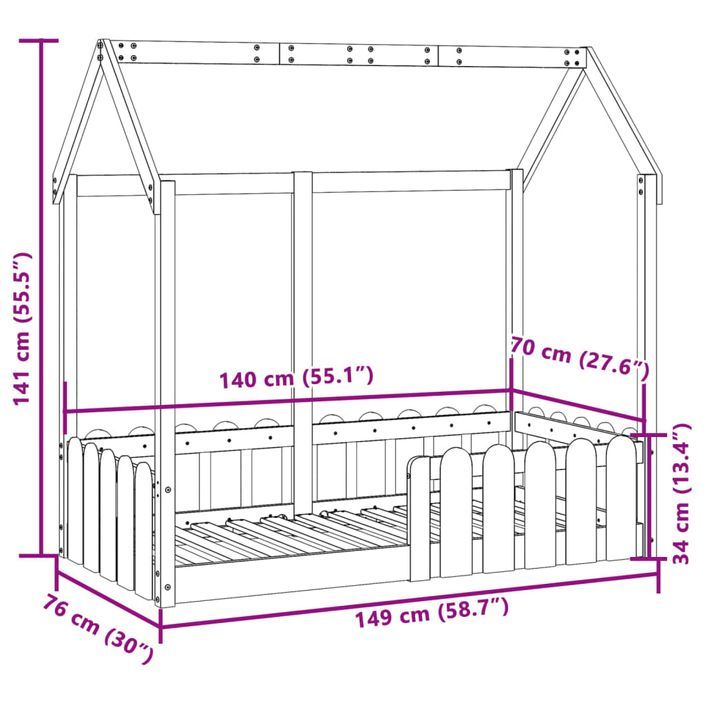 Cadre de lit d'enfants forme de maison 70x140cm bois pin massif - Photo n°9