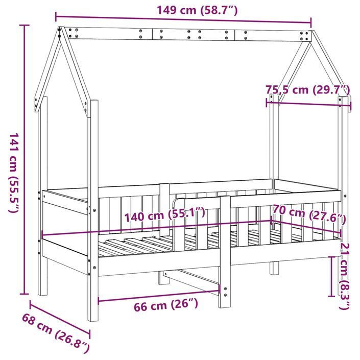 Cadre de lit d'enfants forme de maison 70x140cm bois pin massif - Photo n°9