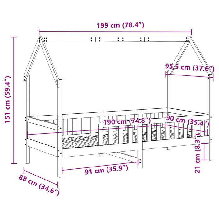 Cadre de lit d'enfants forme de maison 90x190cm bois massif pin - Photo n°9