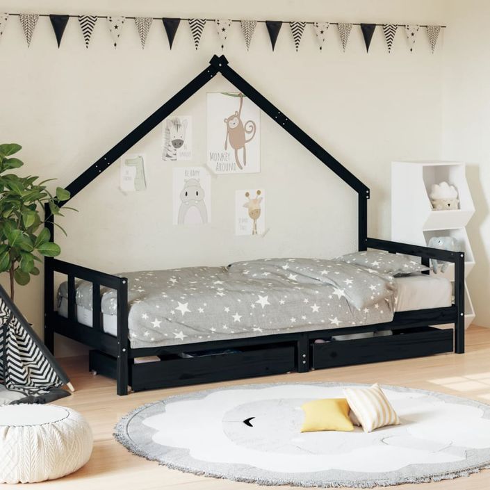 Cadre de lit d'enfants tiroirs noir 90x190cm bois de pin massif - Photo n°2
