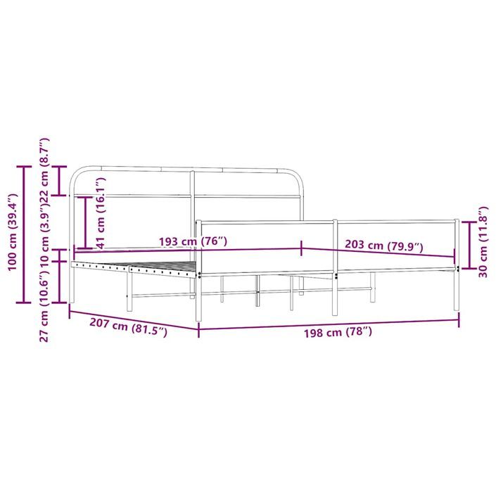 Cadre de lit en métal sans matelas chêne fumé 193x203 cm - Photo n°9