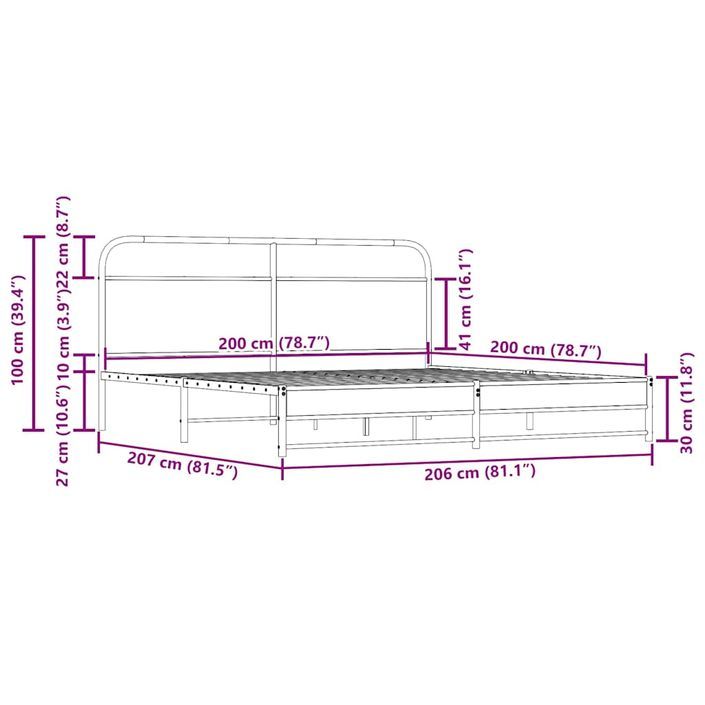 Cadre de lit en métal sans matelas chêne fumé 200x200 cm - Photo n°9