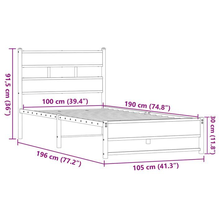 Cadre de lit en métal sans matelas chêne marron 100x190 cm - Photo n°9