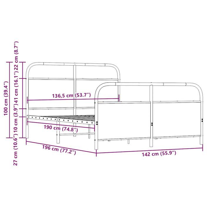 Cadre de lit en métal sans matelas chêne marron 137x190 cm - Photo n°9