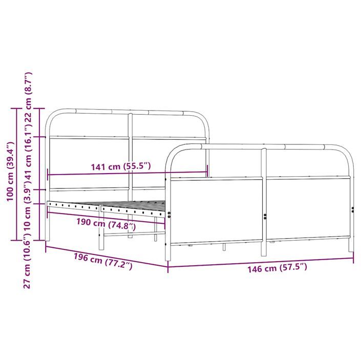 Cadre de lit en métal sans matelas chêne marron 140x190 cm - Photo n°9