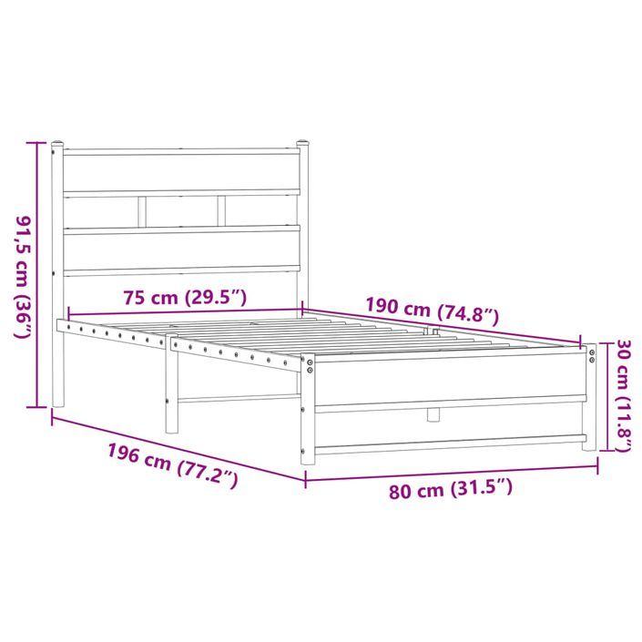 Cadre de lit en métal sans matelas chêne marron 75x190 cm - Photo n°9