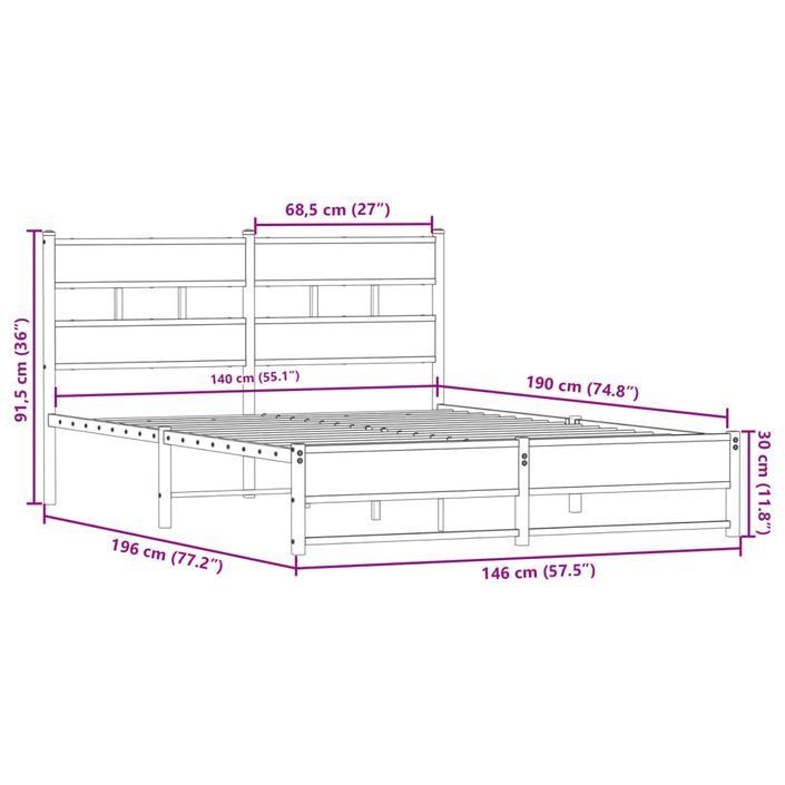 Cadre de lit en métal sans matelas chêne sonoma 140x190 cm - Photo n°9