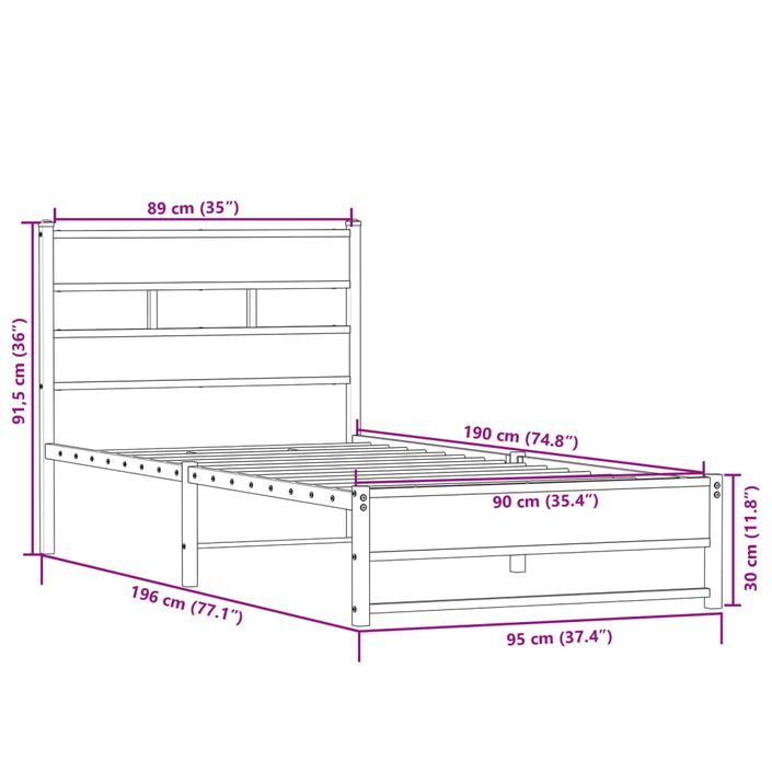 Cadre de lit en métal sans matelas chêne sonoma 90x190 cm - Photo n°9