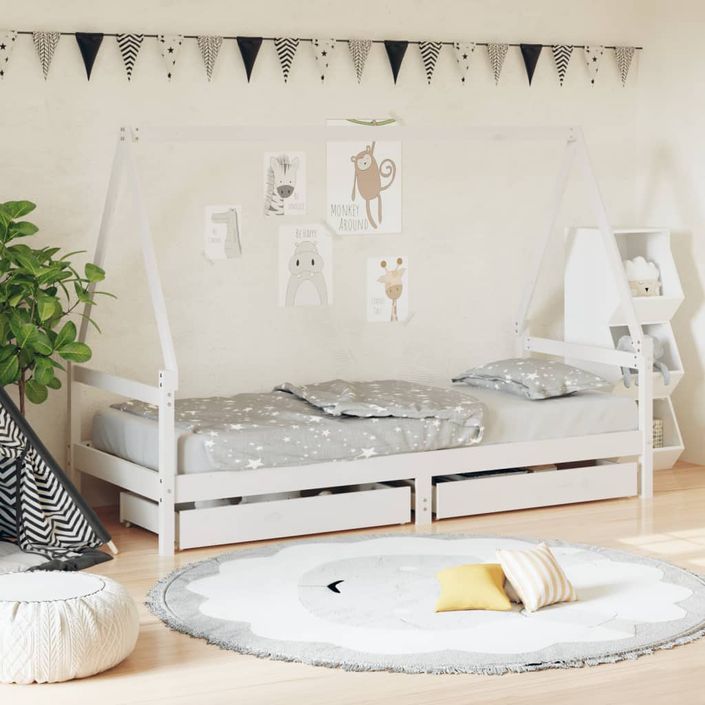 Cadre de lit enfant tiroirs blanc 90x200 cm bois de pin massif - Photo n°2