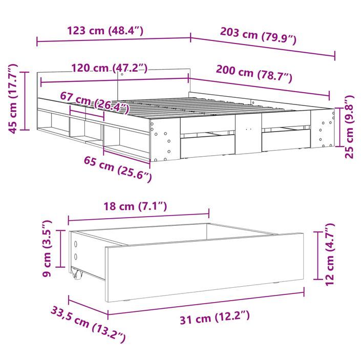 Cadre de lit et tiroirs chêne fumé 120x200 cm bois d'ingénierie - Photo n°10