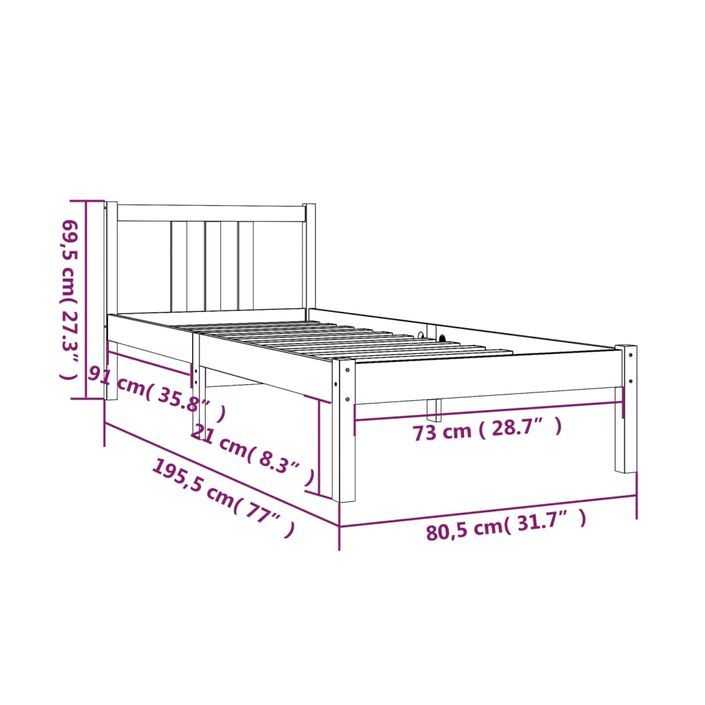 Cadre de lit Gris Bois massif 75x190 cm Petit simple - Photo n°9