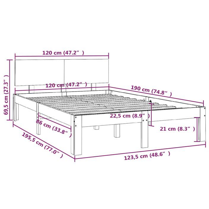 Cadre de lit Marron miel Bois massif 120x190 cm Petit Double - Photo n°8