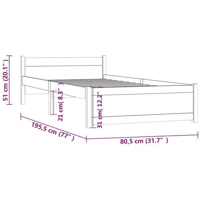 Cadre de lit Marron miel Bois massif 75x190 cm Petit simple - Photo n°9