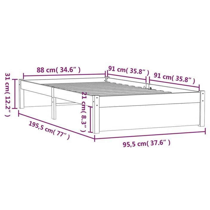 Cadre de lit Marron miel Bois massif 90x190 cm Simple - Photo n°10