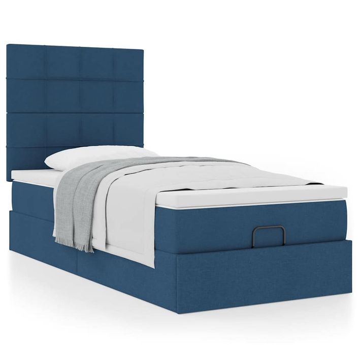 Cadre de lit ottoman avec matelas bleu 100x200 cm tissu - Photo n°1