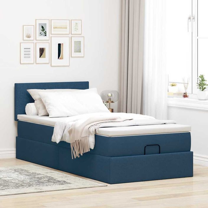 Cadre de lit ottoman avec matelas bleu 90x200 cm tissu - Photo n°3