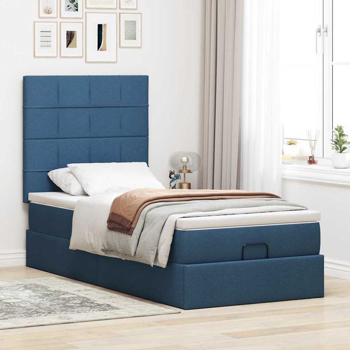 Cadre de lit ottoman avec matelas bleu 90x200 cm tissu - Photo n°4