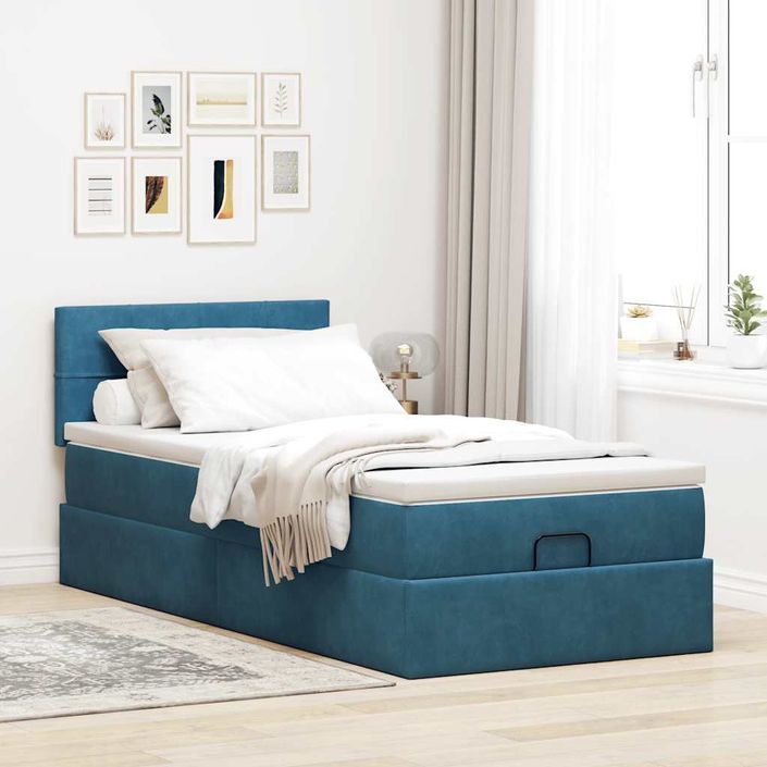 Cadre de lit ottoman avec matelas bleu foncé 100x200 cm velours - Photo n°3