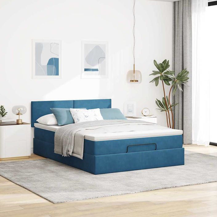 Cadre de lit ottoman avec matelas bleu foncé 140x190 cm velours - Photo n°3