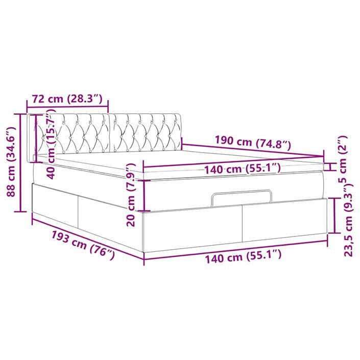 Cadre de lit ottoman avec matelas bleu foncé 140x190 cm velours - Photo n°13