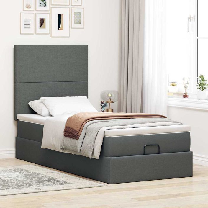 Cadre de lit ottoman avec matelas gris foncé 100x200 cm tissu - Photo n°3