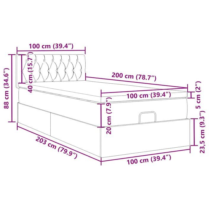 Cadre de lit ottoman avec matelas gris foncé 100x200 cm velours - Photo n°13