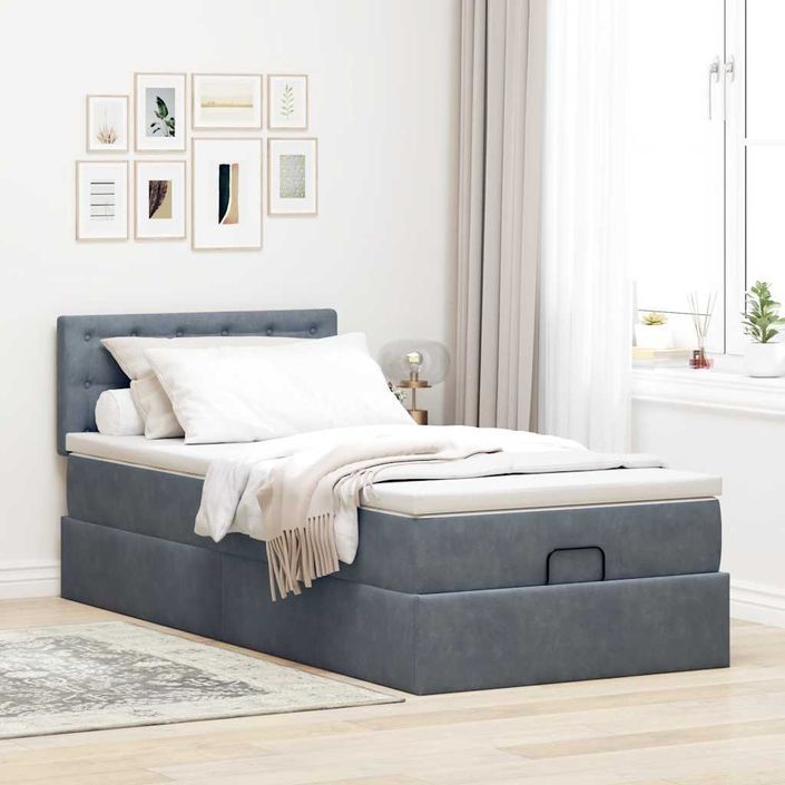 Cadre de lit ottoman avec matelas gris foncé 100x200 cm velours - Photo n°4