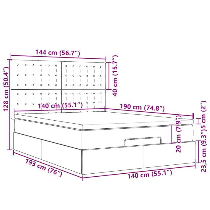 Cadre de lit ottoman avec matelas gris foncé 140x190 cm tissu - Photo n°13