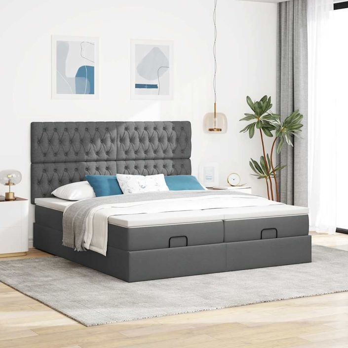 Cadre de lit ottoman avec matelas gris foncé 160x200cm tissu - Photo n°3