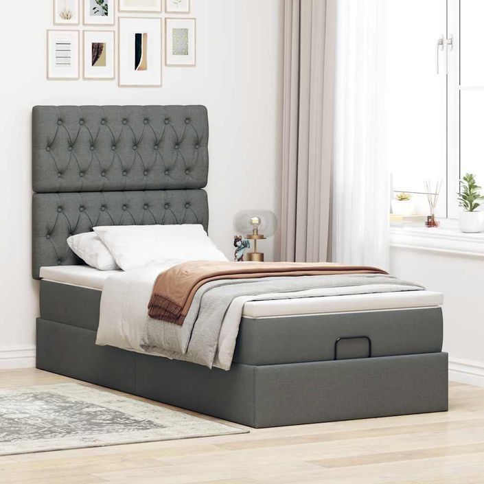 Cadre de lit ottoman avec matelas gris foncé 80x200 cm tissu - Photo n°3