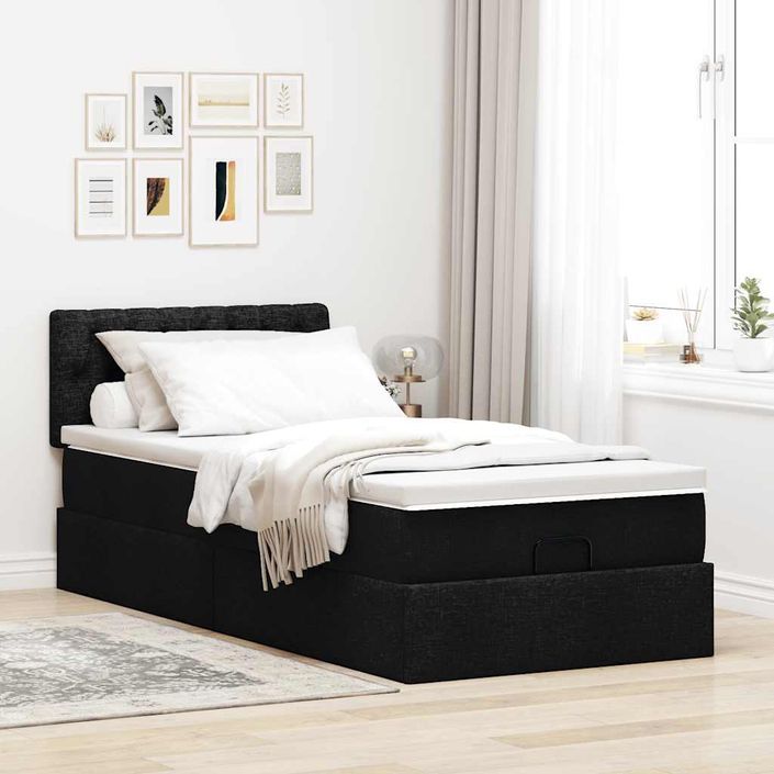 Cadre de lit ottoman avec matelas noir 90x190 cm tissu - Photo n°3