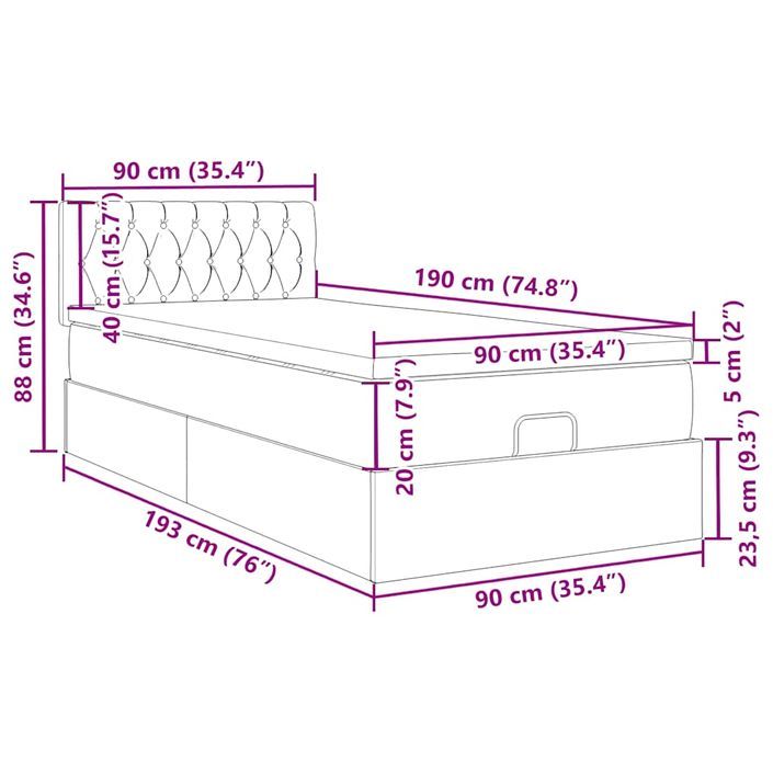 Cadre de lit ottoman avec matelas noir 90x190 cm tissu - Photo n°13