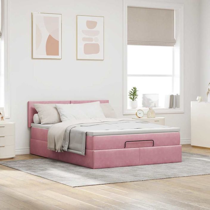 Cadre de lit ottoman avec matelas rose 140x190 cm velours - Photo n°3