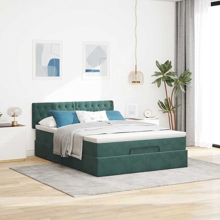 Cadre de lit ottoman avec matelas vert foncé 140x200 cm velours - Photo n°3