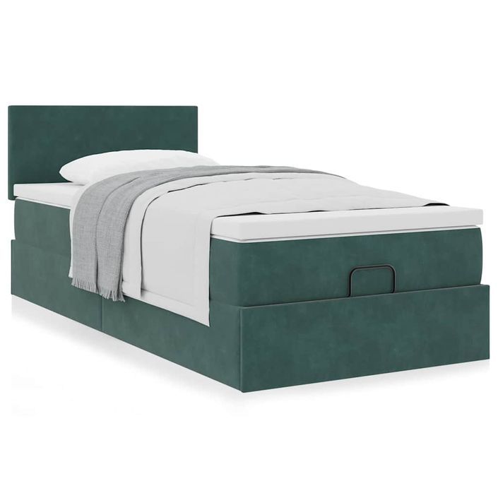 Cadre de lit ottoman avec matelas vert foncé 90x200 cm velours - Photo n°1