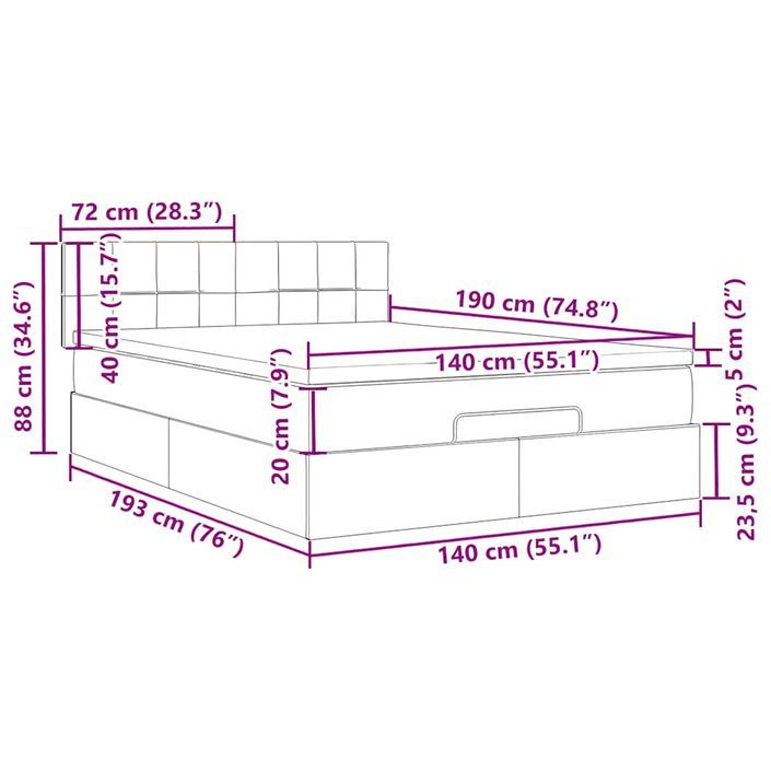 Cadre de lit ottoman et matelas gris clair 140x190 cm tissu - Photo n°13