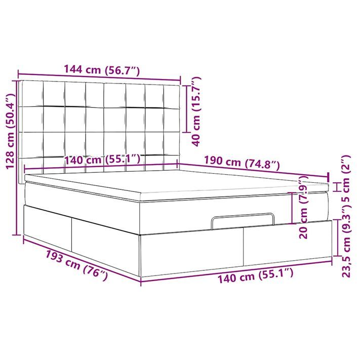 Cadre de lit ottoman et matelas gris clair 140x190 cm tissu - Photo n°13