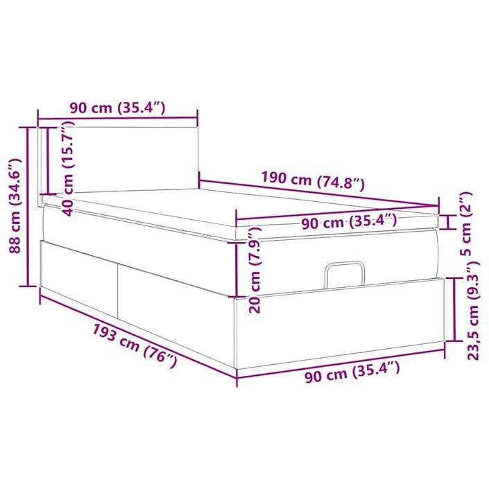 Cadre de lit ottoman et matelas gris clair 90x190 cm velours - Photo n°13