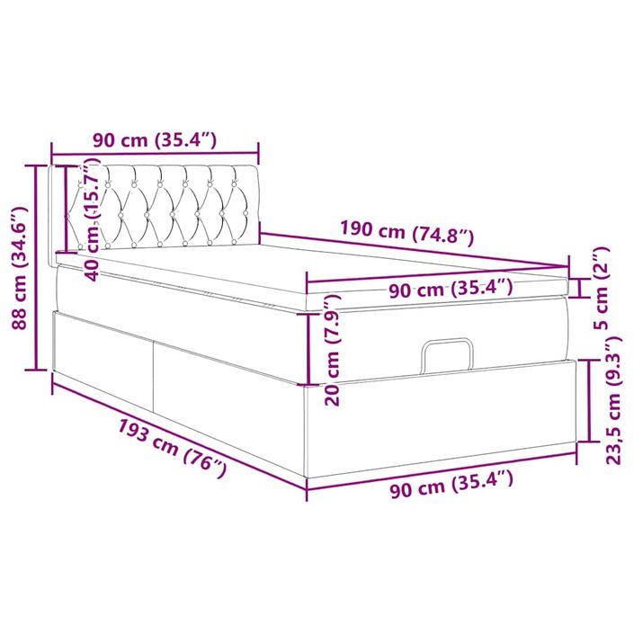 Cadre de lit ottoman et matelas gris clair 90x190 cm velours - Photo n°13