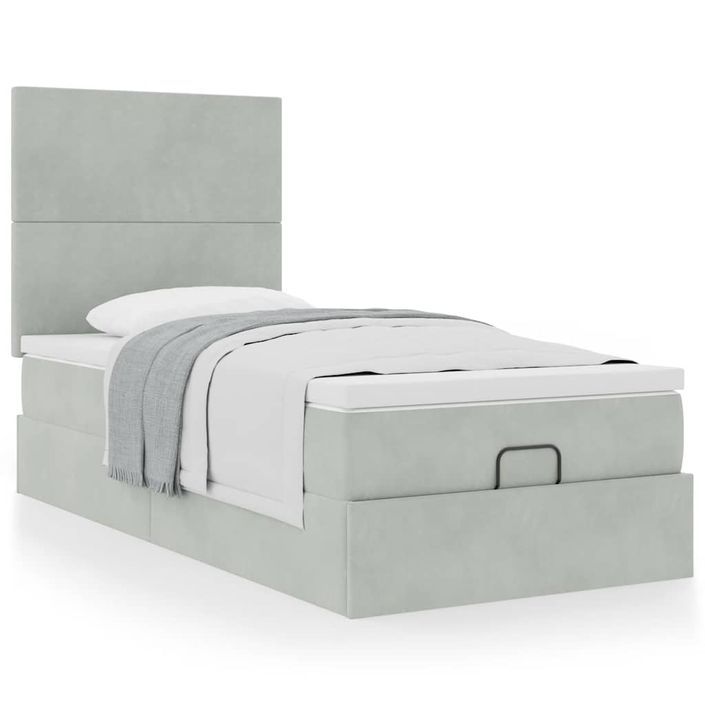 Cadre de lit ottoman et matelas gris clair 90x190 cm velours - Photo n°1