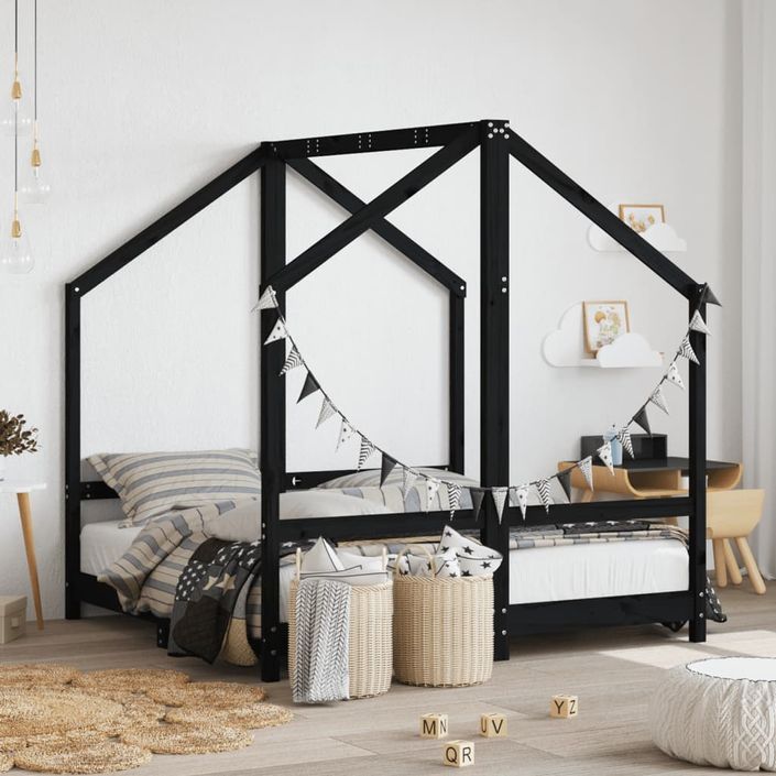 Cadre de lit pour enfant noir 2x(70x140) cm bois de pin massif - Photo n°2