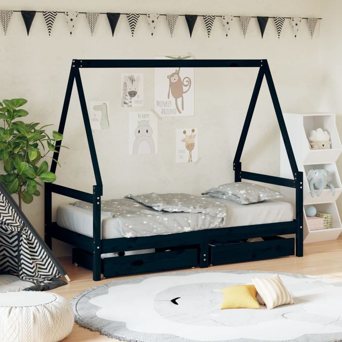 Cadre de lit pour enfant tiroirs noir 80x160 cm bois pin massif - Photo n°2